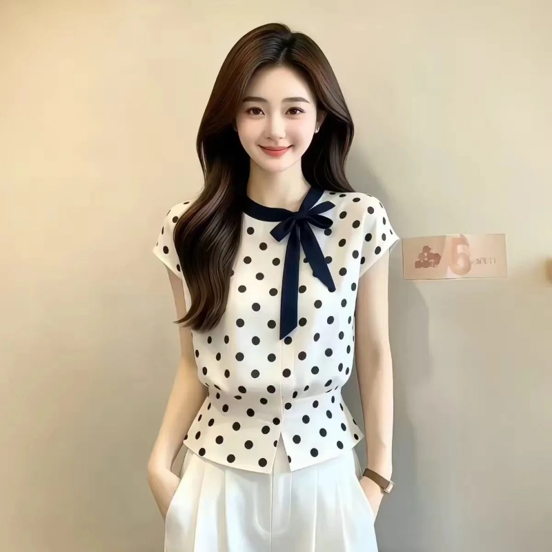 Embroidery On Shirt - Women Polka Dot Bow Tie Neck