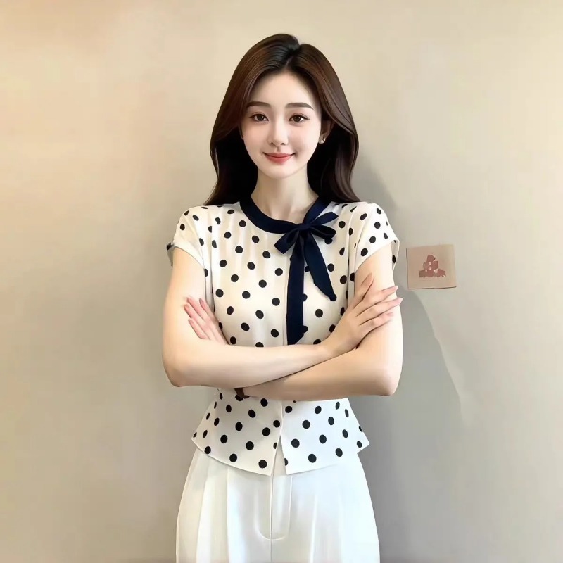 Women Polka Dot Bow Tie Neck C - đánh giá và giá Embroidery On Shirt