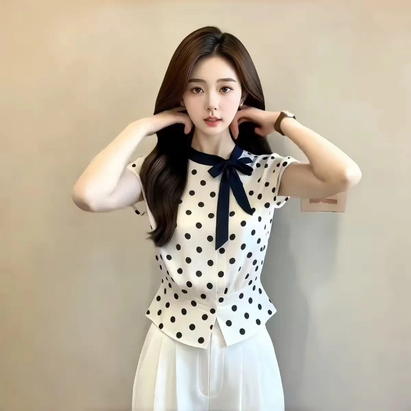 Women Polka Dot Bow Tie Neck C - đánh giá và giá Embroidery On Shirt